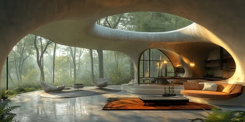 Obraz premium Innovative blending nature and living systems forest retreat interior tranquil setting contemporary
