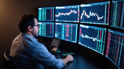 A focused individual analyzes commercial image market data on multiple screens in a modern trading environment.