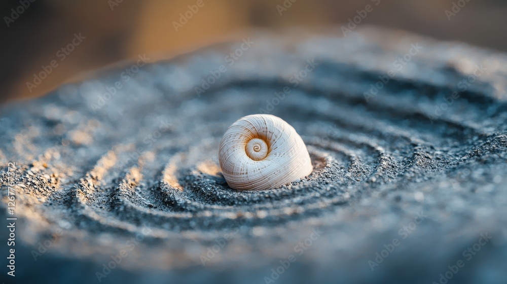 Poster macro shot of a tiny snail shell displaying beautiful spiral patterns on a textured surface