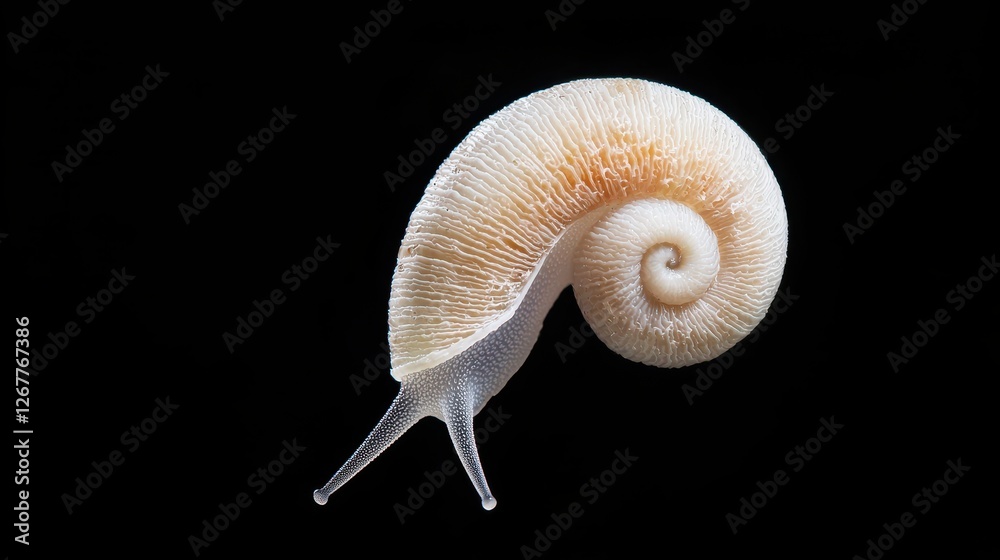 Poster close-up macro shot of a tiny snail shell displaying intricate spiral patterns and textures against 