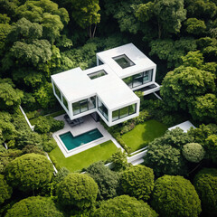 Modern white house nestled within lush green trees exudes tranquility and sophistication. Clean lines and nature embrace