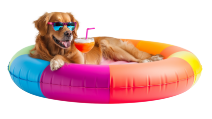 Dog wearing sunglasses relaxes in a color pool float while enjoying a cocktail drink isolated on white background, cut out png