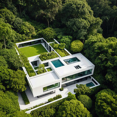 Modern white house surrounded by vibrant green forest, creating serene and luxurious living space, inviting tranquility and sophistication