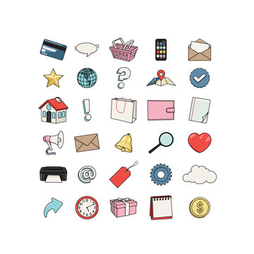 Colorful Vector Icon Set for Web with Shopping Design, Location, Mail, Phone, House, Paper, Notifications, Heart, Cloud Calendar, Money, Time, Sale, Discount, Star and Signs