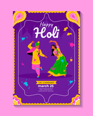 Indian Festival of Colors Happy Holi celebration. Invitation with people, dancers, musicians. Background for poster, banner, flyer, cover, placard, brochure