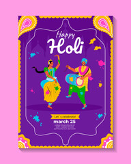 Indian Festival of Colors Happy Holi celebration. Invitation with people, dancers, musicians. Background for poster, banner, flyer, cover, placard, brochure