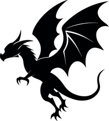 Dragon Flying Black Silhouette - Minimalistic Vector Illustration of a Majestic Winged Dragon in Elegant Monochrome Design, Perfect for Logos, Prints, T-Shirts, Stickers, Posters, and Digital Art