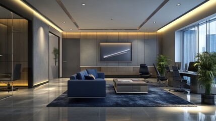 Naklejka premium Modern Office Interior Design: Sophisticated Workspace with Stunning City Views