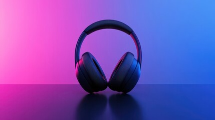 Sleek Headphones on a Modern Desk with Glowing Colorful Background for Stylish Audio Equipment Advertising