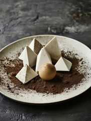 A gourmet dessert featuring white chocolate pyramids, a cocoa-dusted sphere, and rich cocoa powder, elegantly plated for a modern and artistic presentation.