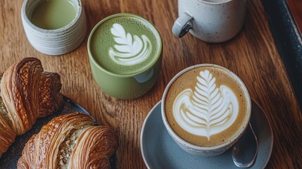 Wooden table with a tray of pastries and a cup of coffee. on the left side of the tray, there are two croissants, one with a golden brown crust and the other with a light green color.