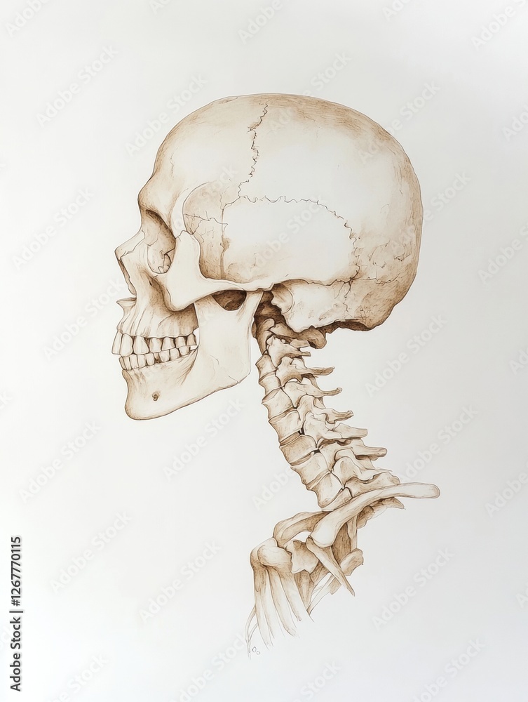 Poster detailed anatomical illustration showcasing a skull and cervical vertebrae from the side view in a n