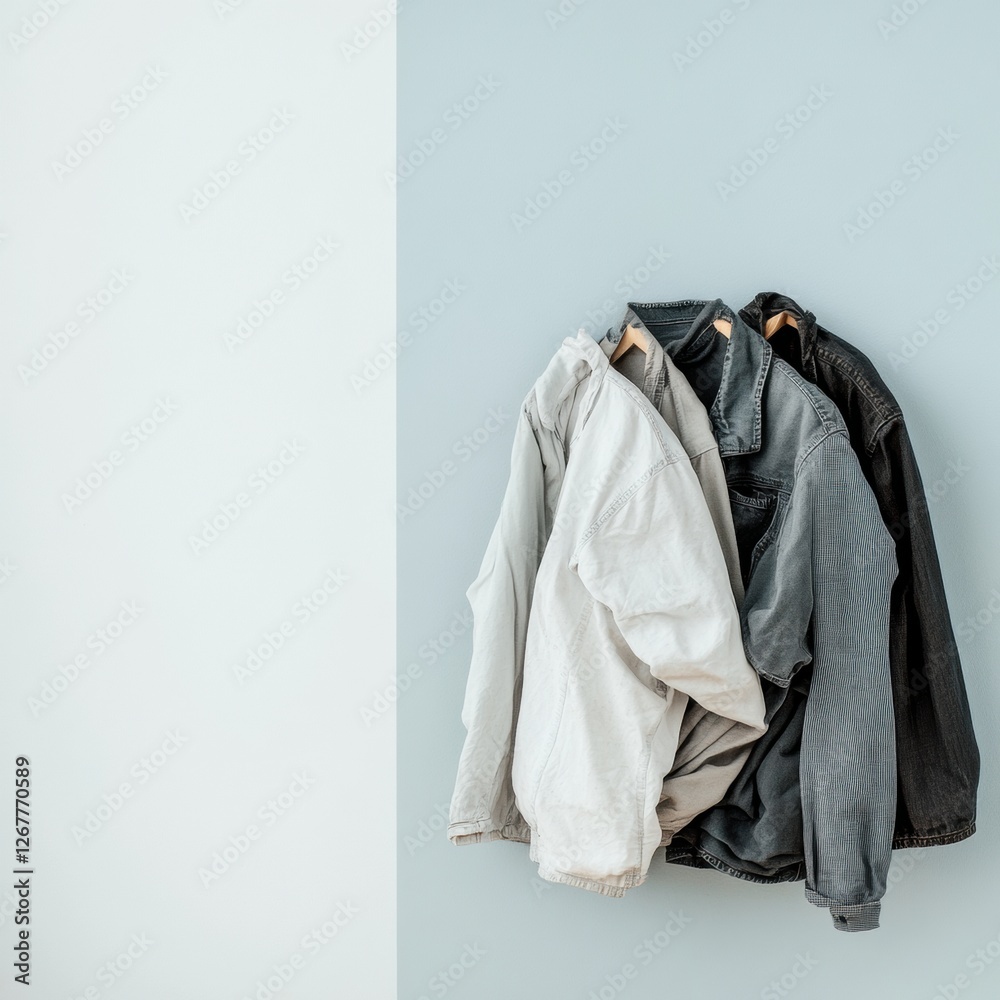 Poster comparison of dirty versus freshly laundered clothes on hangers in a clean, minimal space. generativ
