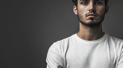 Fototapeta premium A young man with a serious expression poses against a dark background.