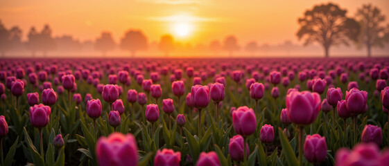 Vibrant pink tulips in a lush field under a golden sunrise, conveying a peaceful and serene atmosphere, representing the beauty of nature at dawn