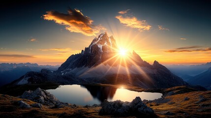 Majestic mountain peak at sunset over alpine lake