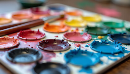 Paint palette with vibrant colors and splatters in a creative workspace