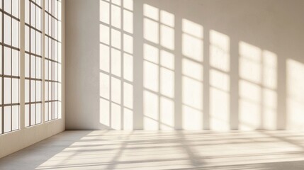 Bright Minimalist Interior with Tranquil Sunlight and Shadow Patterns: A Cozy and Spacious Modern Home Design