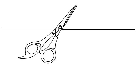 One continuous line drawing of hair scissors. Minimalistic web banner and modern logo of barber shop and pro minimal concept. Editable stroke. Doodle outline vector illustration.