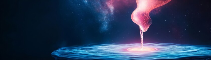 Aquarius water bearer pouring neon holographic energy into a floating cosmic pool