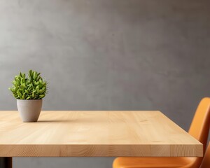 Highend minimalist restaurant with sleek wooden tables, neutraltoned seating, and soft ambient lighting