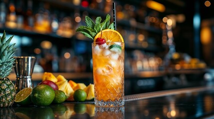 Mai Tai Cocktail Vibrant Tropical Refreshment against Bar Background