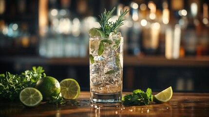 Gin and Tonic Cocktail Sophisticated Refreshing Mix against Rustic Bar Background

