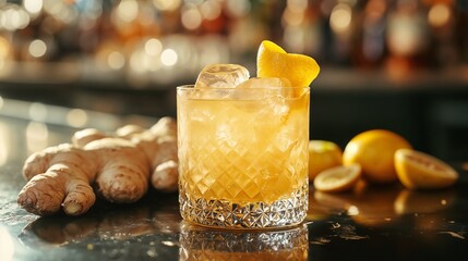 Ginger Cocktail Sophisticated Golden Mixology against Warm Bar Background