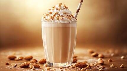 Almond Milkshake Indulgent Creamy Frappe against Warm Sweet Background
