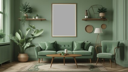 Minimalist poster mockup frame with sage green interior