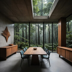 Obraz premium serene dining space blends interior design with nature, creating tranquil and stylish atmosphere, radiating sophistication and comfort