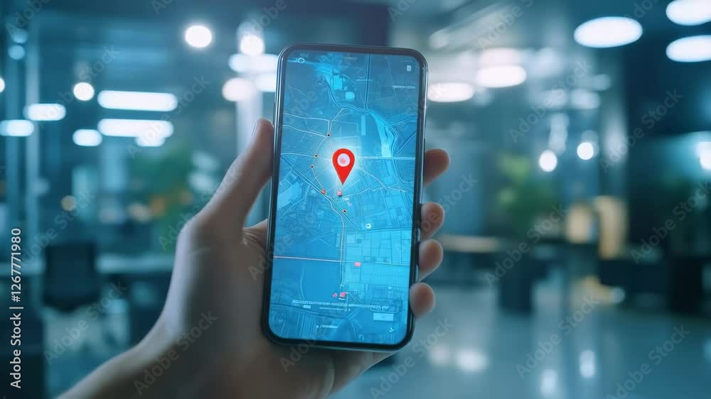 Poster businessman hand holding smartphone displaying digital gps map navigation with red location pinpoint