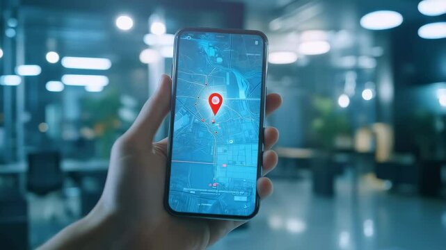 Businessman hand holding smartphone displaying digital gps map navigation with red location pinpoint against blurred corporate office environment in slow motion sequence