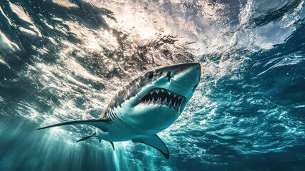 Naklejka premium Great white shark underwater, hunting, sunlight beams, ocean depths, wildlife, nature