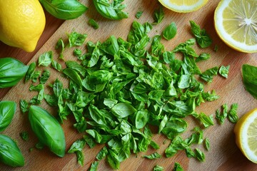 Fresh green basil leaves and bright lemons placed artistically on a wooden surface, creating a vibrant, appetizing culinary scene for healthy cooking.
