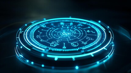 Cybernetic zodiac energy map displayed as a glowing floating hologram