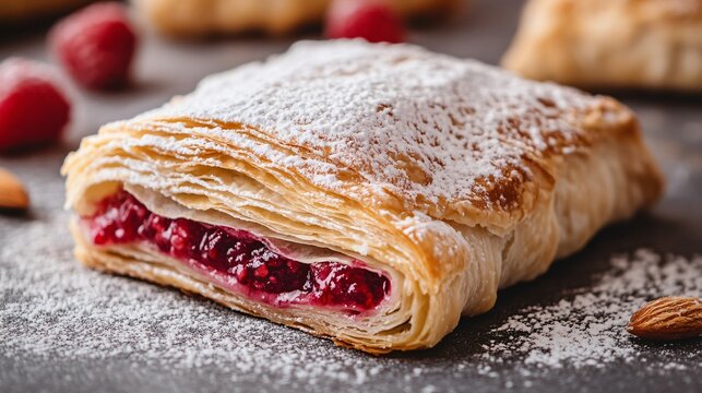 A close up of a raspberry almond Danish with layers of crispy puff pastry, gooey raspberry filling, and a dusting of powdered sugar, isolated on a neutral-toned surface