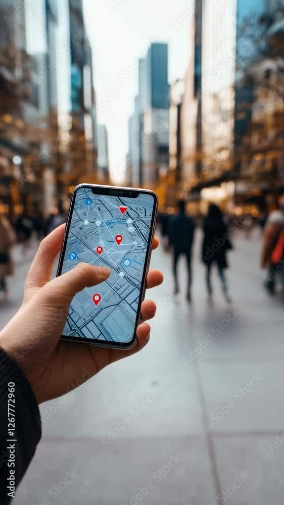 Poster Smartphone navigation app displaying city map with marked locations, traveler using digital gps technology for finding precise direction while walking through urban environment in slow motion