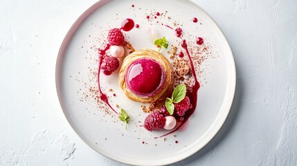 A contemporary food styling shot, where a raspberry almond Danish is plated with geometric precision, with minimalist garnishes and clean lines