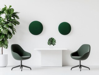 Airy minimalist office space with white walls, floating desks, and sleek contemporary seating