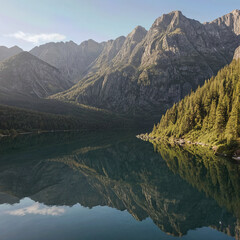 serene mountain lake reflects jagged peaks and lush forest, evoking sense of tranquility and awe