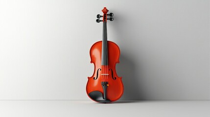 Red violin leans against white wall, studio shot