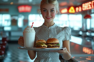 A cheerful 1950s diner waitress in a polka-dot dress holding a tray with a milkshake and burger, standing in a bright retro diner with chrome accents and neon signs, copy space background