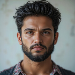 Obraz premium Portrait of serious handsome man with dark hair and beard looks directly at viewer, expressing confidence and stoicism