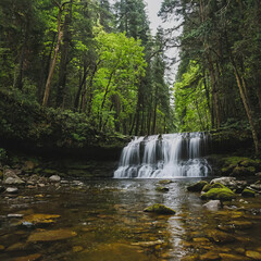 tranquil scene of cascading waterfall flowing gracefully in forest, evoking sense of peace and natural beauty
