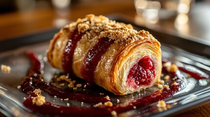 A crystal-clear glass plate holding a gourmet raspberry almond Danish, surrounded by a drizzle of raspberry coulis and almond praline crumbs
