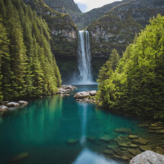 Fototapeta premium Majestic waterfall cascading into serene pool, surrounded by lush greenery creating tranquil, breathtaking view and sense of wonder