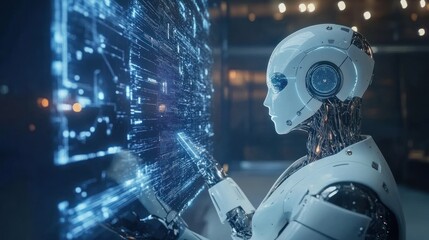 Fototapeta premium Advanced AI: Futuristic Robot Interacting with Holographic Data