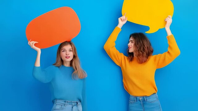 Slow motion video showcasing various poses and expressions of two young women holding colorful speech bubbles against a vibrant blue backdrop