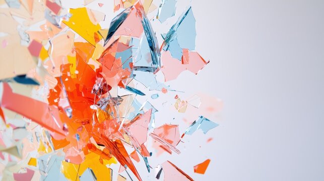 Shattered Glass with Sharp, Jagged Edges Reflecting Light and Colorful Details in an Abstract Composition
